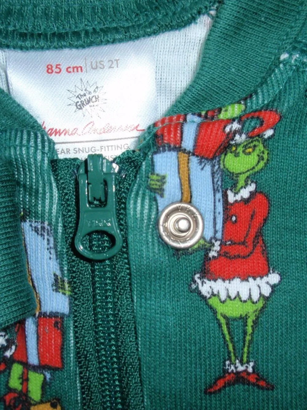 NWT Hanna Andersson Green Grinch Organic Cotton Sleeper Footless Zip Up Sz 85 2t